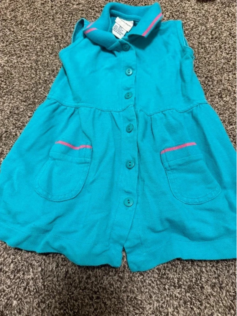 Vintage Merona Girls Teal Button Front Polo Dress 2T Pink Trim